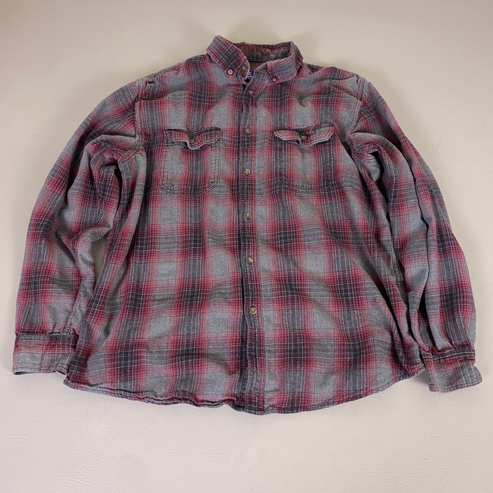 George Flannel Button Down Shirt Men's XL Burgundy Gray Plaid Cotton *Minor Wear